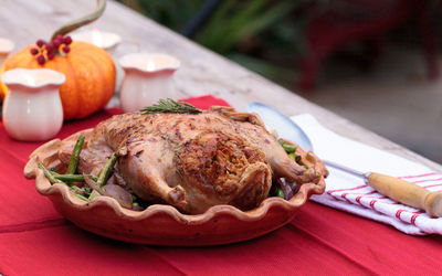 Close-up of roast chicken in container on table