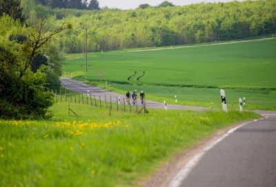 People on field by road