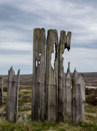 Wooden posts on field against sky