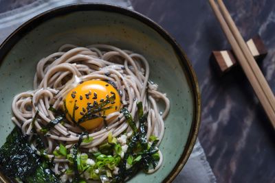 High angle view of meal in bowl on table