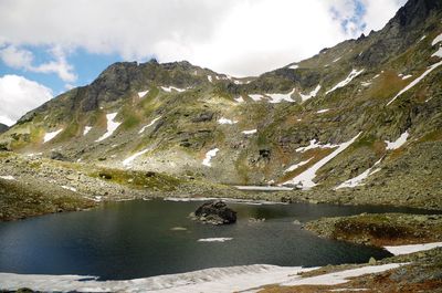 Scenic view of lake by mountains against sky