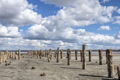 Salty drying estuary kuialnyk near odessa, ukraine, on a cloudy autumn day