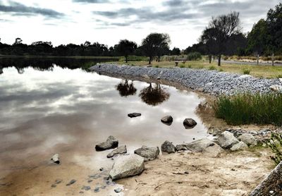 Scenic view of lake against cloudy sky