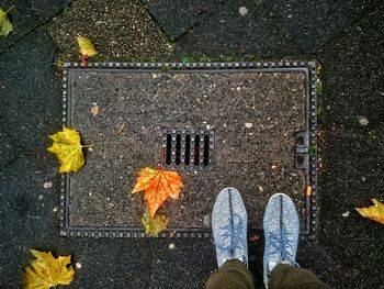 Low section of person standing on sidewalk during autumn