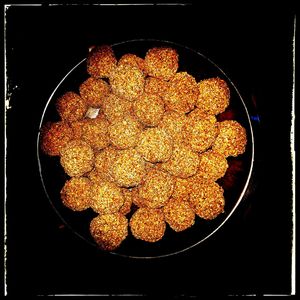 High angle view of food against black background