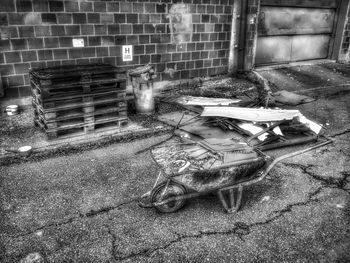 Abandoned horse in front of built structure