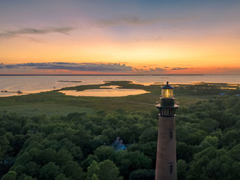 High angle view of landscape against sky during sunset