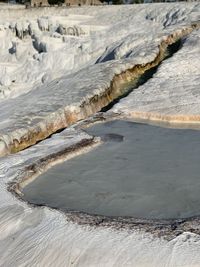 Aerial view of city at salt terraces at pamukkale in turkey 