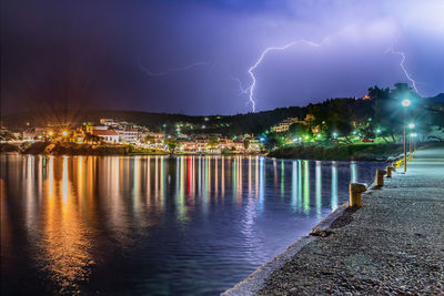 Panoramic shot of illuminated cityscape against sky at night