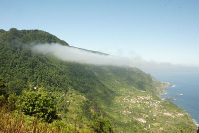 Scenic view of sea and mountains against sky