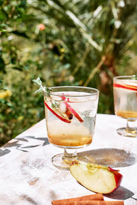 Fresh and healthy cocktail or mocktail with apple, ice, cinnamon and herbs. refreshing summer drink