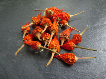 High angle view of red chili peppers on table