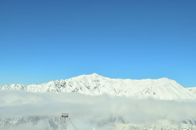 Scenic view of snowcapped mountains against clear blue sky