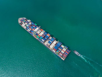 High angle view of freight transportation on sea