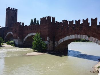 Arch bridge over river against sky