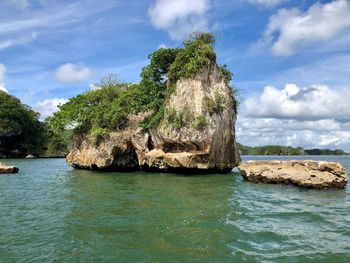 Scenic view of rocks in sea against sky