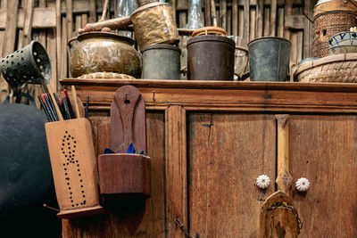Variety and types of utensils for simple cooking of asian families in the past. 