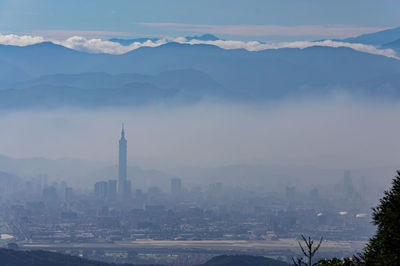 View of buildings in city against cloudy sky