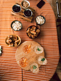High angle view of food served on table