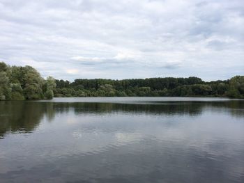 Scenic view of lake against cloudy sky