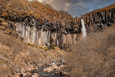 Beautiful svartifoss waterfall amidst basalt rock columns formation against sky