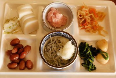 High angle view of food served on table