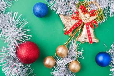 High angle view of christmas decorations on table