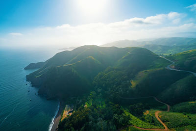 Aerial of sea against sky during sunset