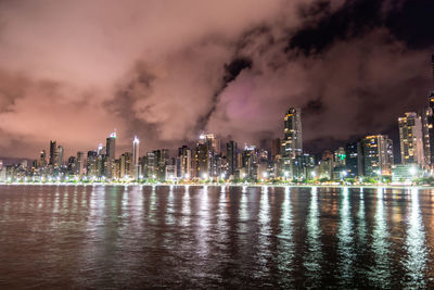 Panoramic shot of illuminated buildings against sky