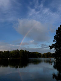 Scenic view of rainbow over lake against sky