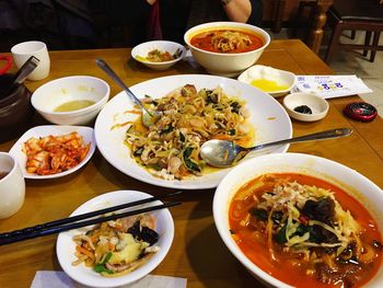 Close-up of food served on table