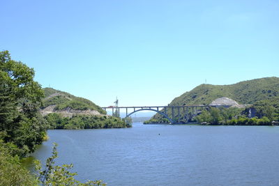 Bridge over calm river against clear sky