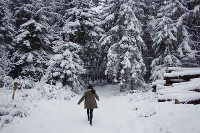 Rear view of man walking on snow covered land