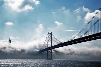 Low angle view of suspension bridge against clouds