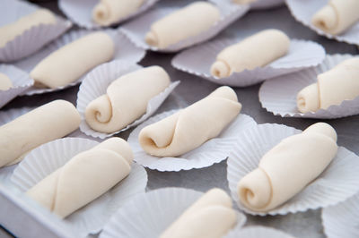 High angle view of dessert in paper plates on table