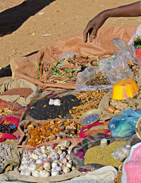 High angle view of food for sale at market stall