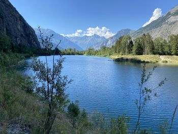 Scenic view of lake and mountains against sky