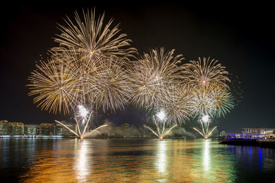Amazing fireworks above the lake in yas bay for celebrations in abu dhabi. eid mubarak.