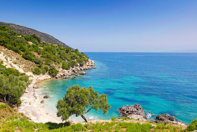 Scenic view of sea against blue sky