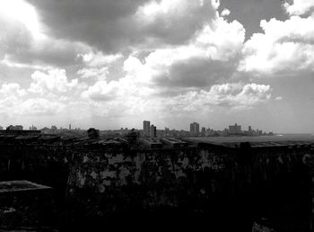 High angle view of buildings against cloudy sky
