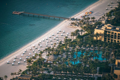 High angle view of town by sea