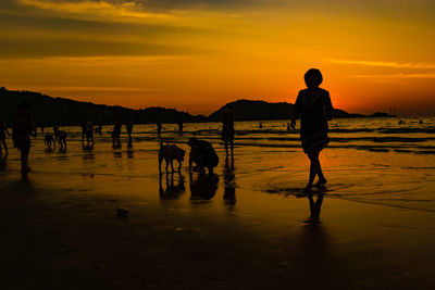 Silhouette people with dog walking on shore against orange sky