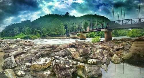 Scenic view of river against cloudy sky