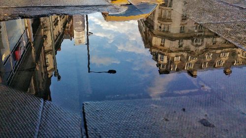 Reflection of buildings in puddle