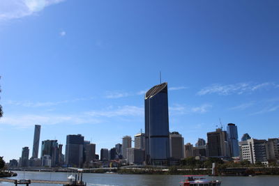 City at waterfront against blue sky