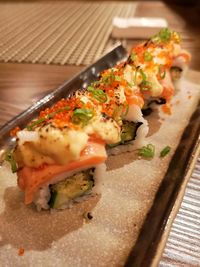 Close-up of meal served on table