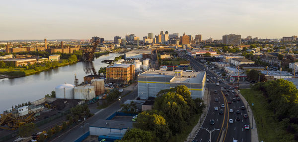 High angle view of road amidst buildings in city