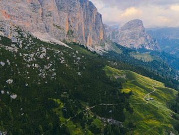 High angle view of trees and mountains against sky