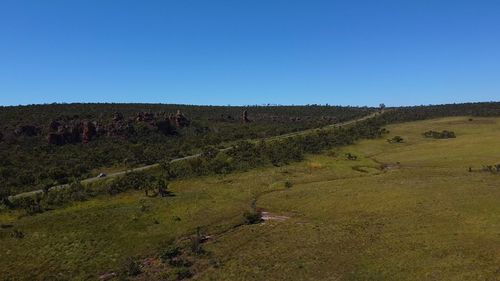 Scenic view of landscape against clear blue sky