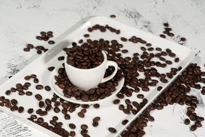 High angle view of coffee beans on table